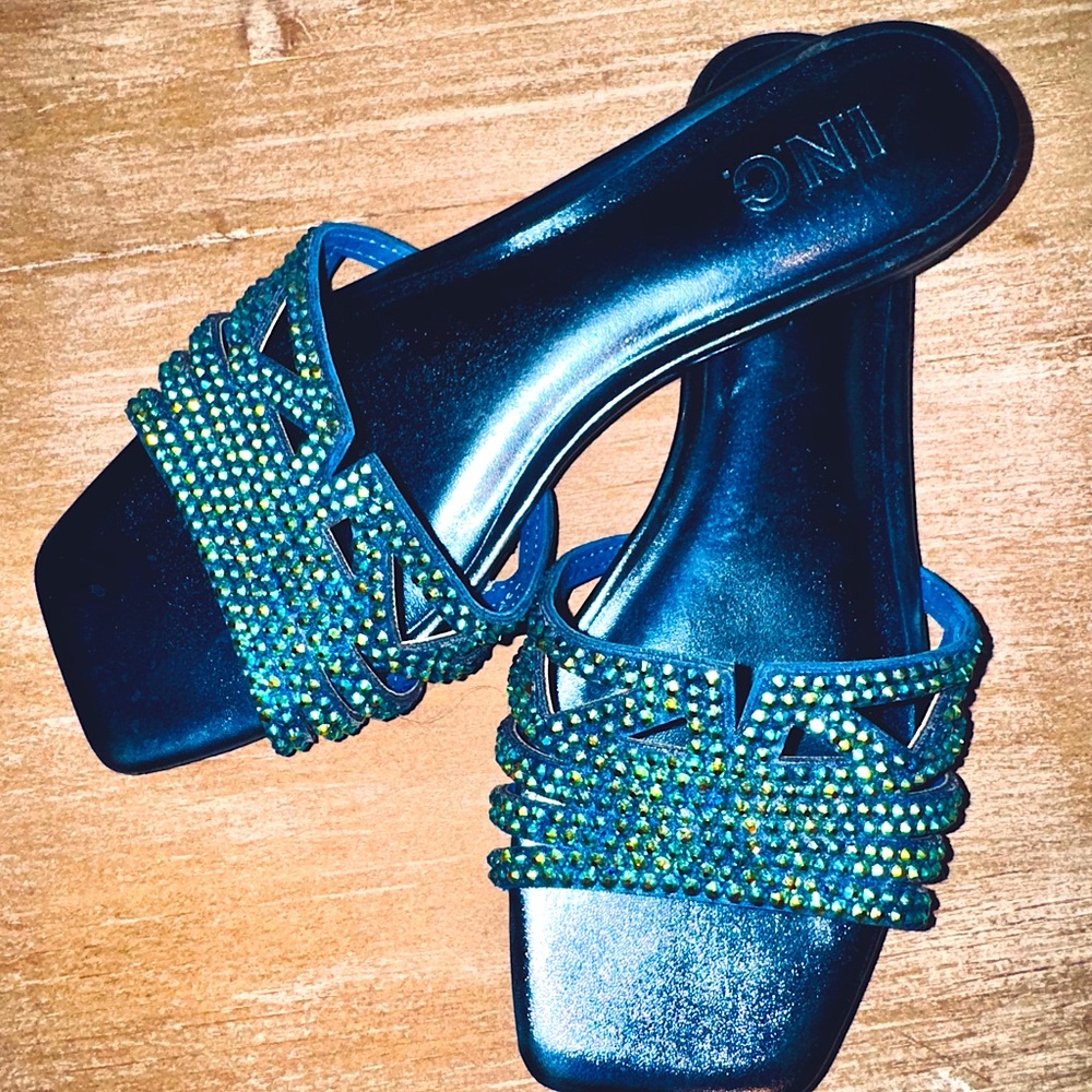 Gorgeous INC blue sandals with blue, teal and green rhinestones. Size 8M